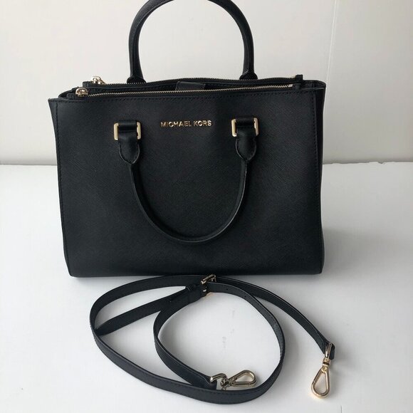 MK MICHAEL KORS SUTTON Saffiano Leather Black Gold Med Handbag 12.5 x 9 x 4" - Picture 6 of 16